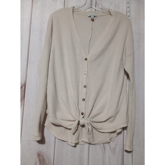 Allison‎ Joy Sweater Womens Medium Beige Button Up Tie Front Waffle Knit Top USA - Picture 1 of 7